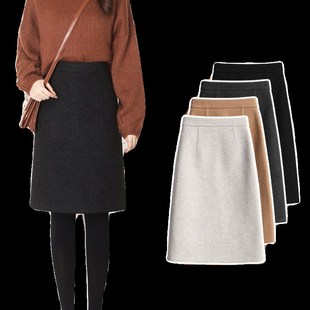 黑色毛呢半身裙女秋冬大码 中裙 高腰显瘦a字裙胖m松紧遮胯开叉工装