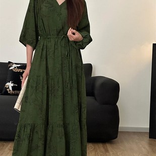 2024新款 法式 夏季 绵绸连衣裙女款 绿色收腰居家睡裙外穿 复古新中式