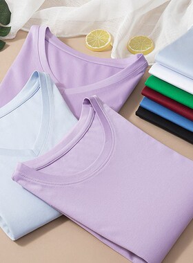 80支丝光棉长袖v领白色T恤女春秋款宽松外穿上衣精梳棉内搭打底衫