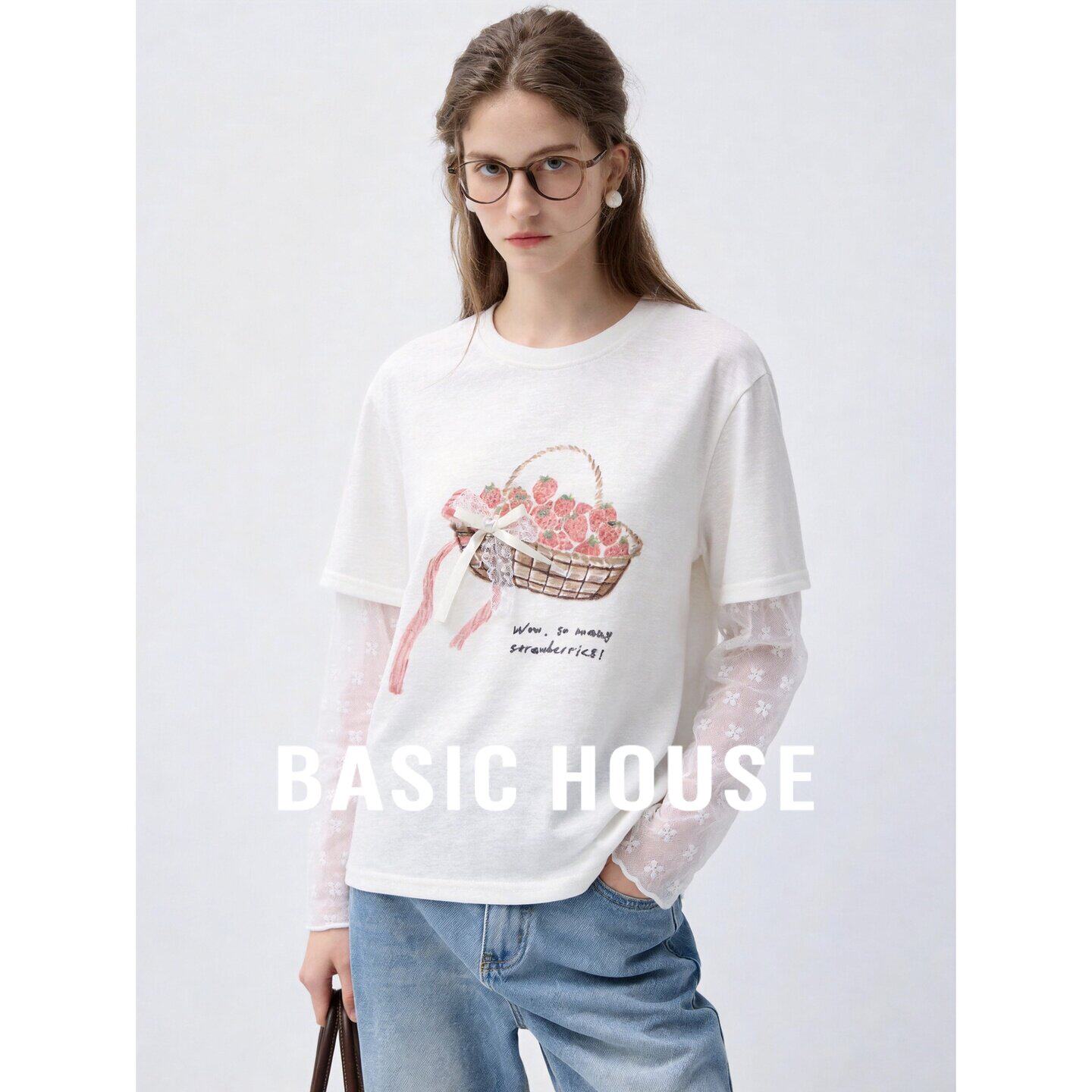 Basic House/百家好韩版卡通草莓印花T恤女夏季圆领长袖休闲上衣