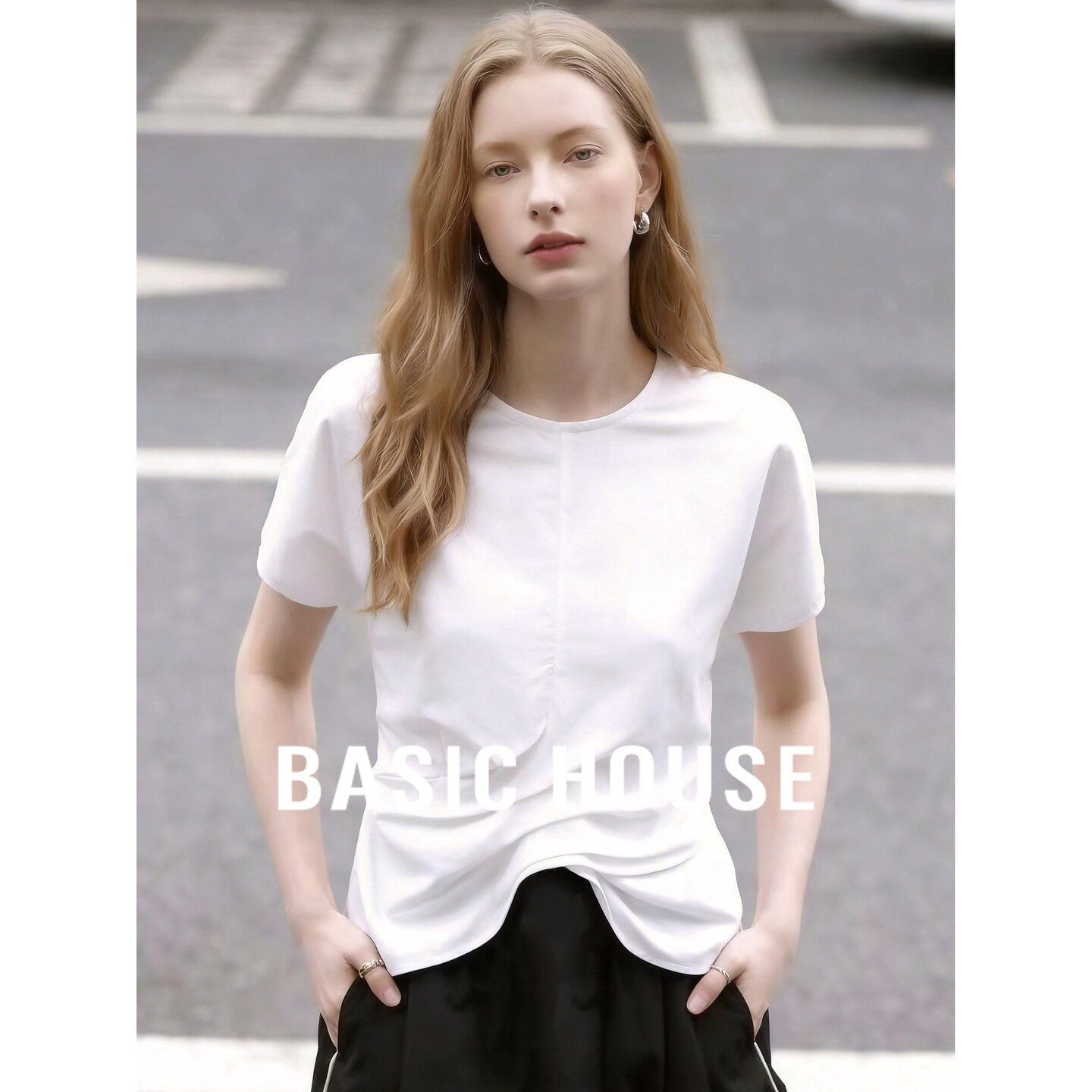 Basic House/百家好极简莱赛尔苎麻白色衬衫女秋收腰系带显瘦上衣