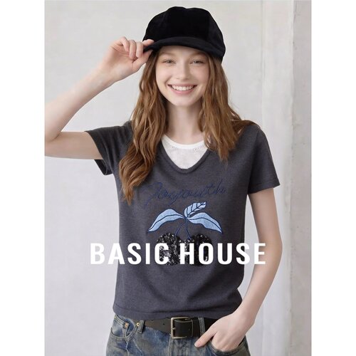 Basic House/百家好设计感新款V领短袖针织衫女假两件刺绣上衣