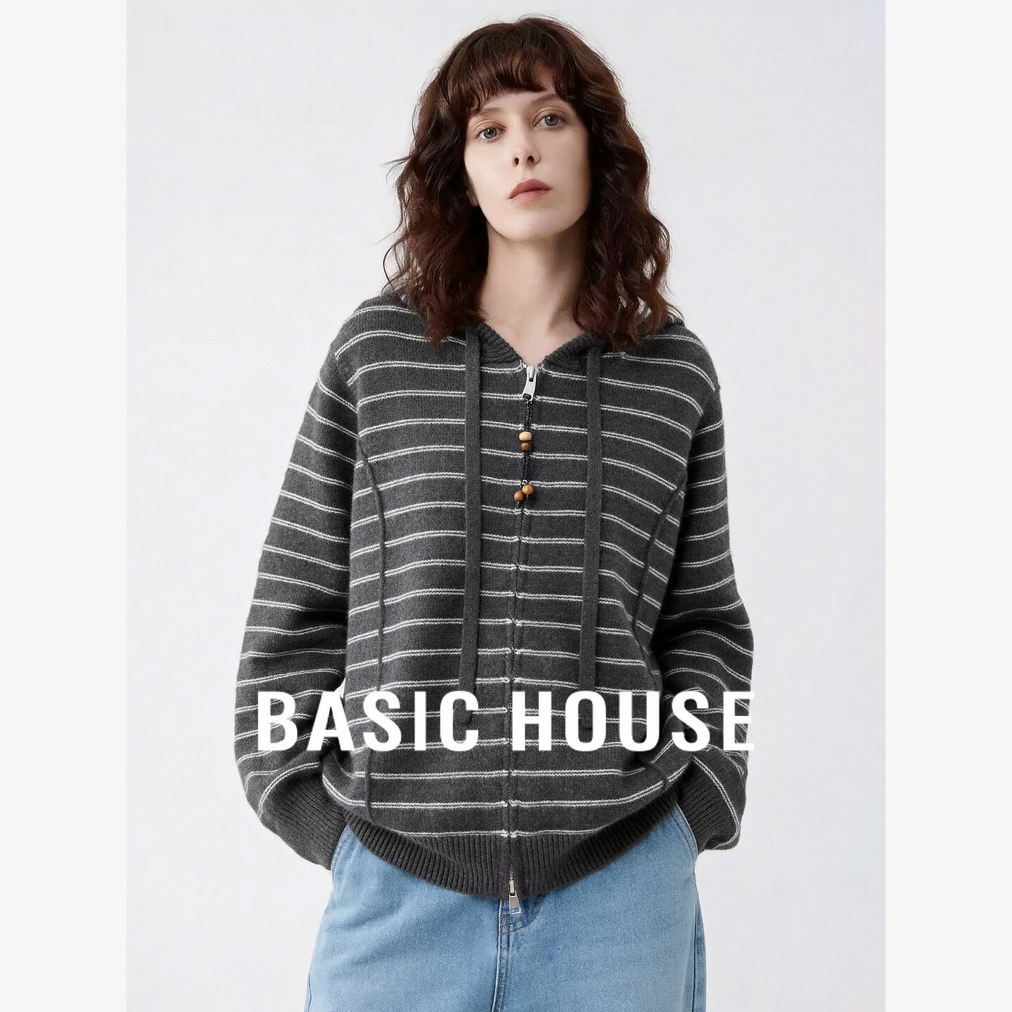 Basic House/百家好慵懒风连帽条纹针织开衫女装宽松休闲毛衣外套