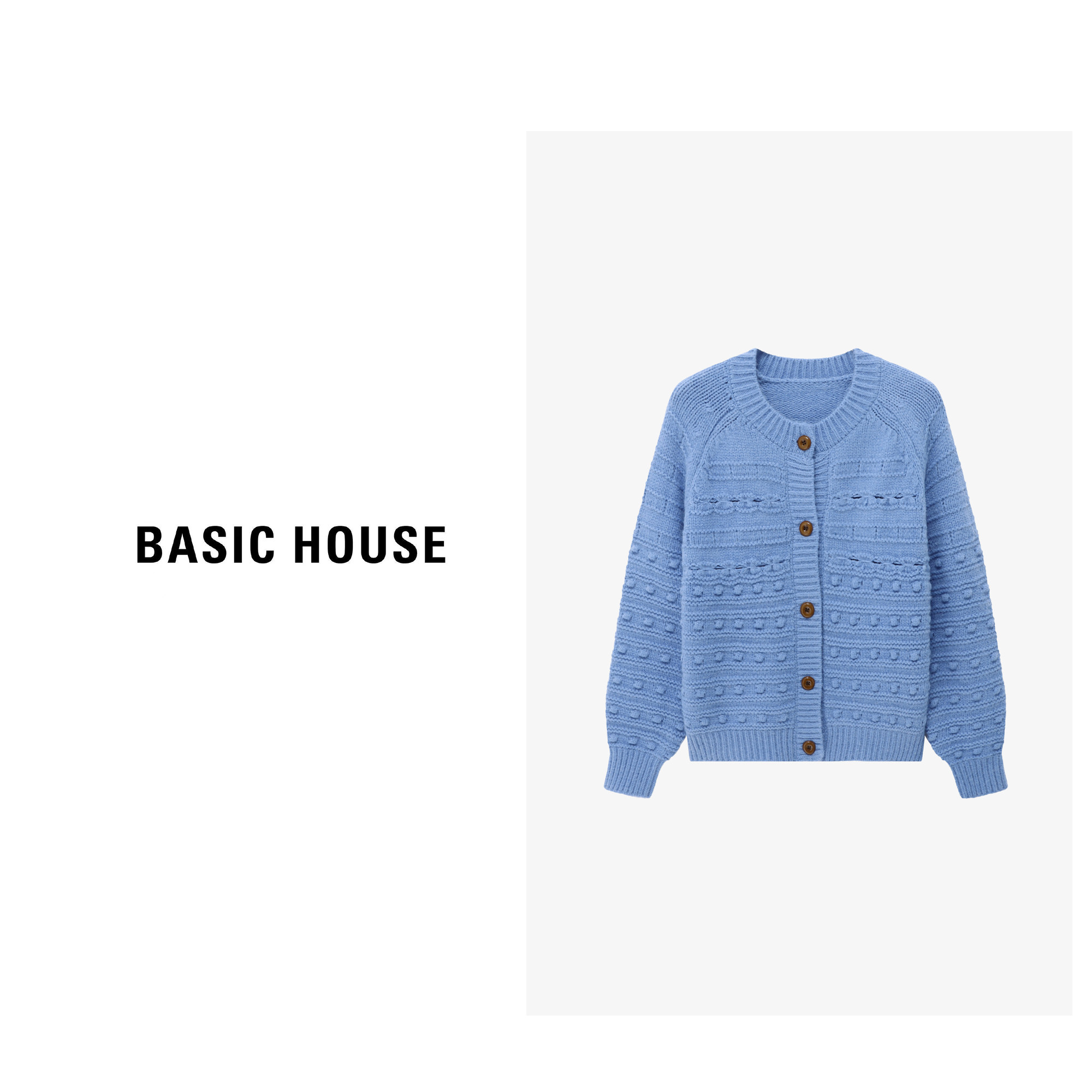 Basic House/百家好25圆领纯色设计感小众毛衣开衫女冬季新款上衣