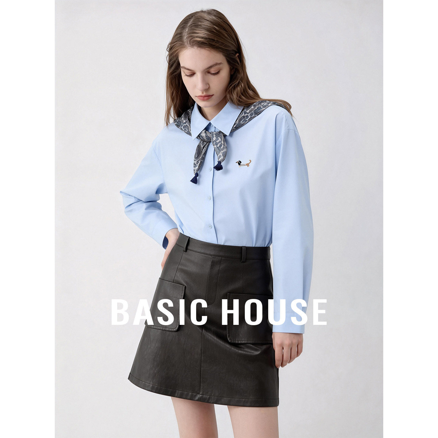 Basic House/百家好莱赛尔撞色披肩长袖衬衫宽松显瘦洋气刺绣衬衣