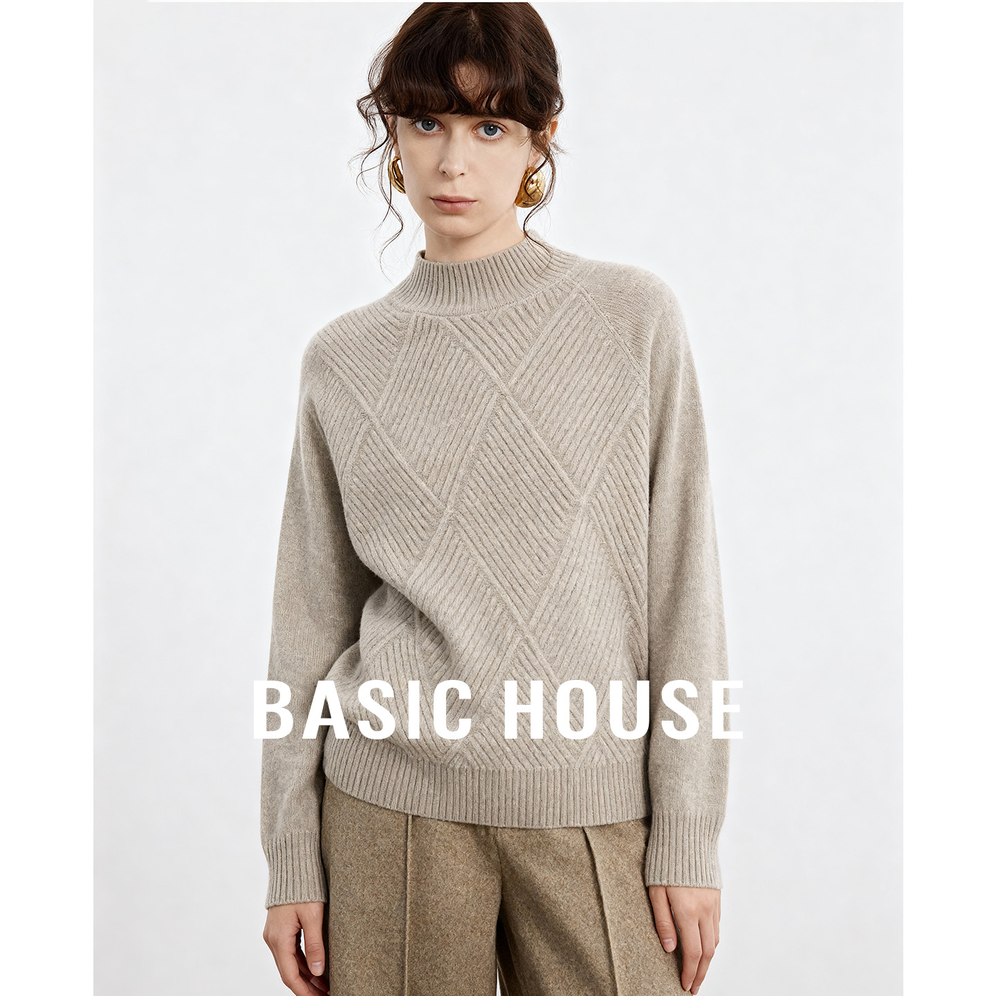 Basic House/百家好25圆领纯色绵羊毛毛衣女秋冬新款保暖百搭上衣