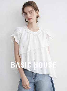Basic House/百家好圆领花边钉珠斜边衬衫夏季设计感镂空短袖上衣