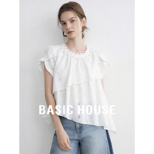 Basic House/百家好圆领花边钉珠斜边衬衫夏季设计感镂空短袖上衣