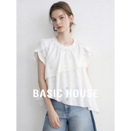 Basic House/百家好圆领花边钉珠斜边衬衫夏季设计感镂空短袖上衣