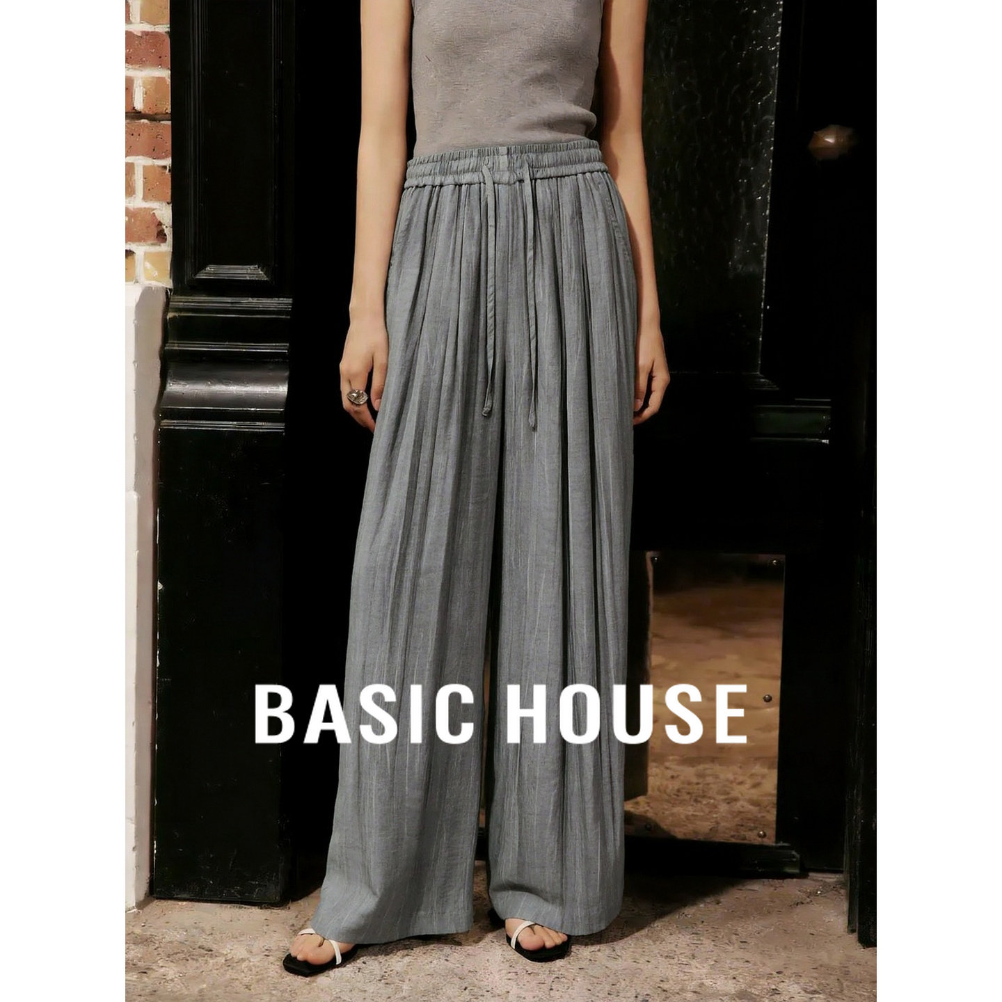 Basic House/百家好亚麻薄款高腰阔腿裤女夏季灰色垂坠感显瘦长裤