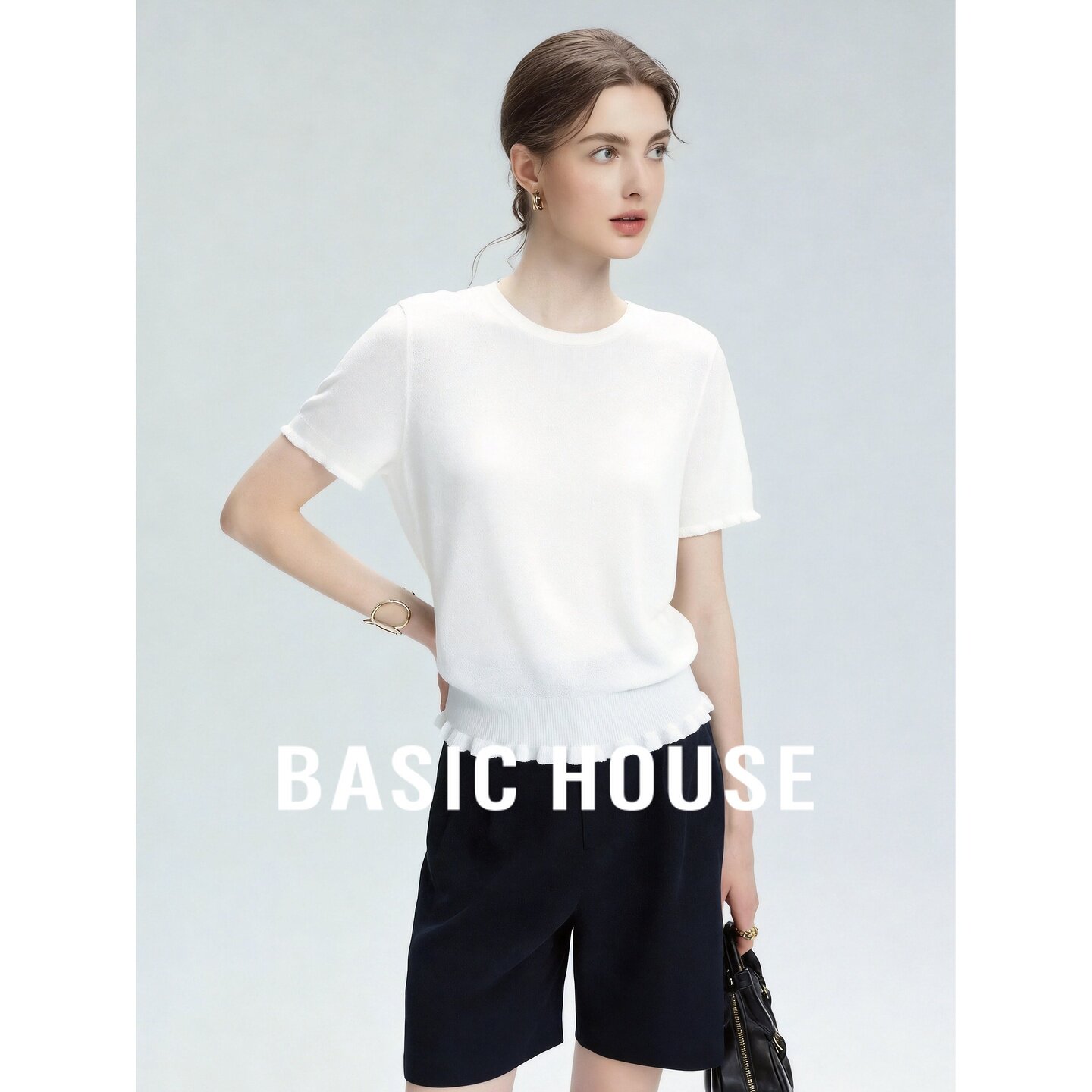 Basic House/百家好白色短袖针织衫女夏新款通勤上衣极简韩版百搭
