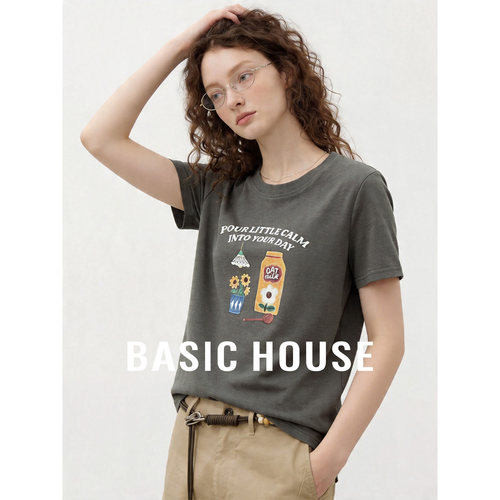 Basic House/百家好圆领卡通印花短袖T恤2026夏季宽松套头内搭女