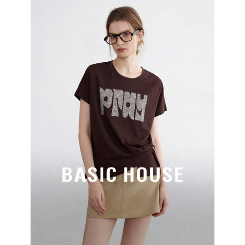 Basic House/百家好莫代尔棉圆领T恤女夏季掐腰短款上衣薄款百搭
