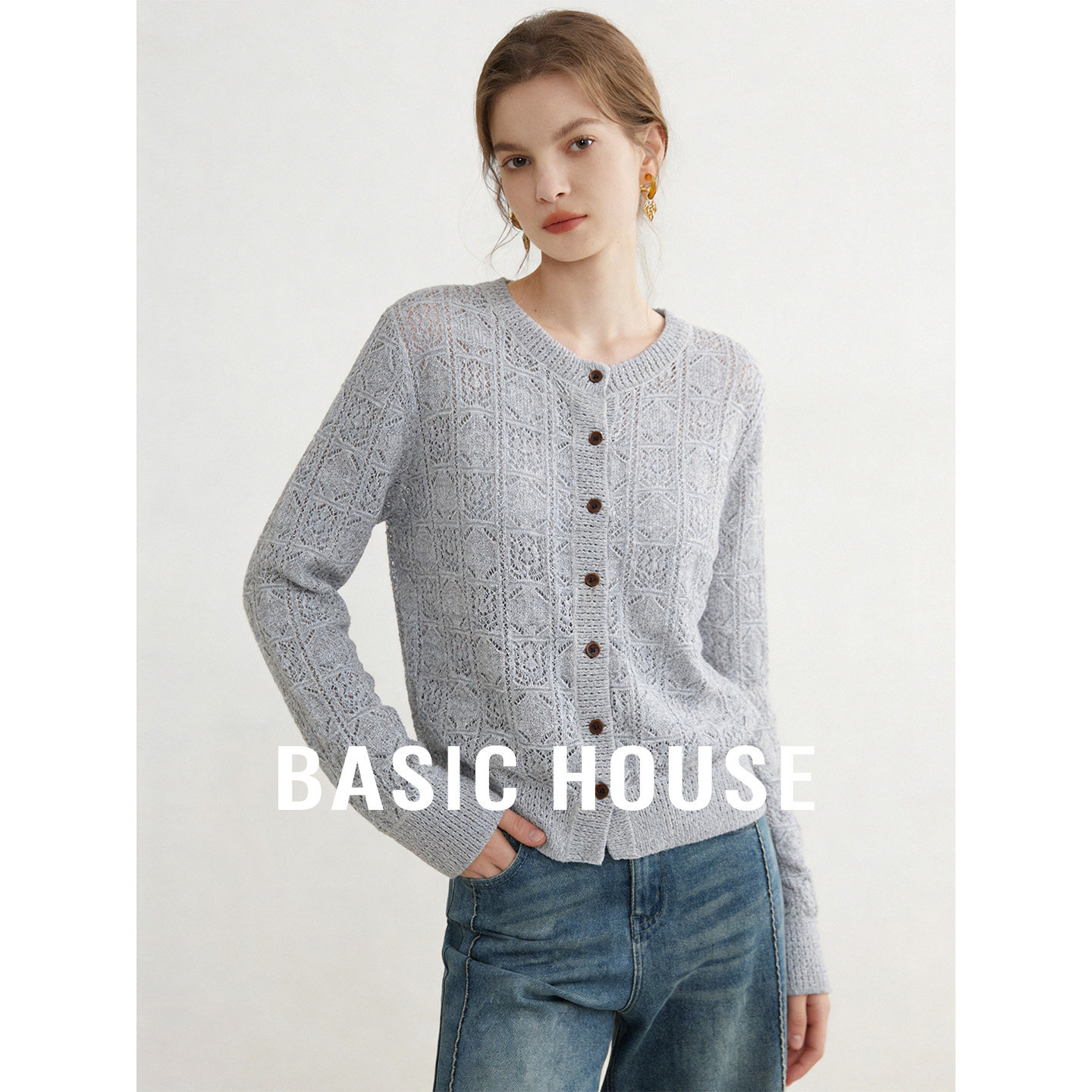 Basic House/百家好圆领镂空针织开衫新款百搭纯色莱赛尔长袖上衣