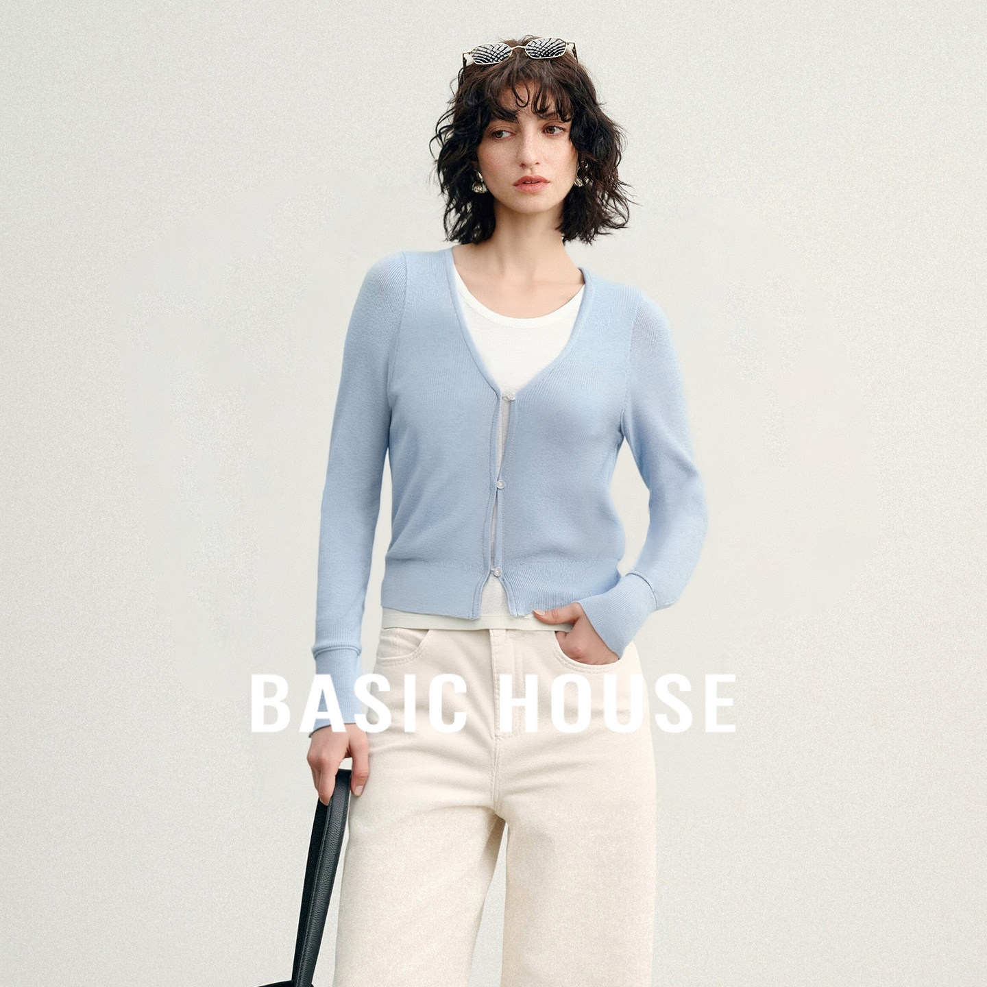 Basic House/百家好撞色假两件绵羊毛针织衫早秋新款套头长袖上衣