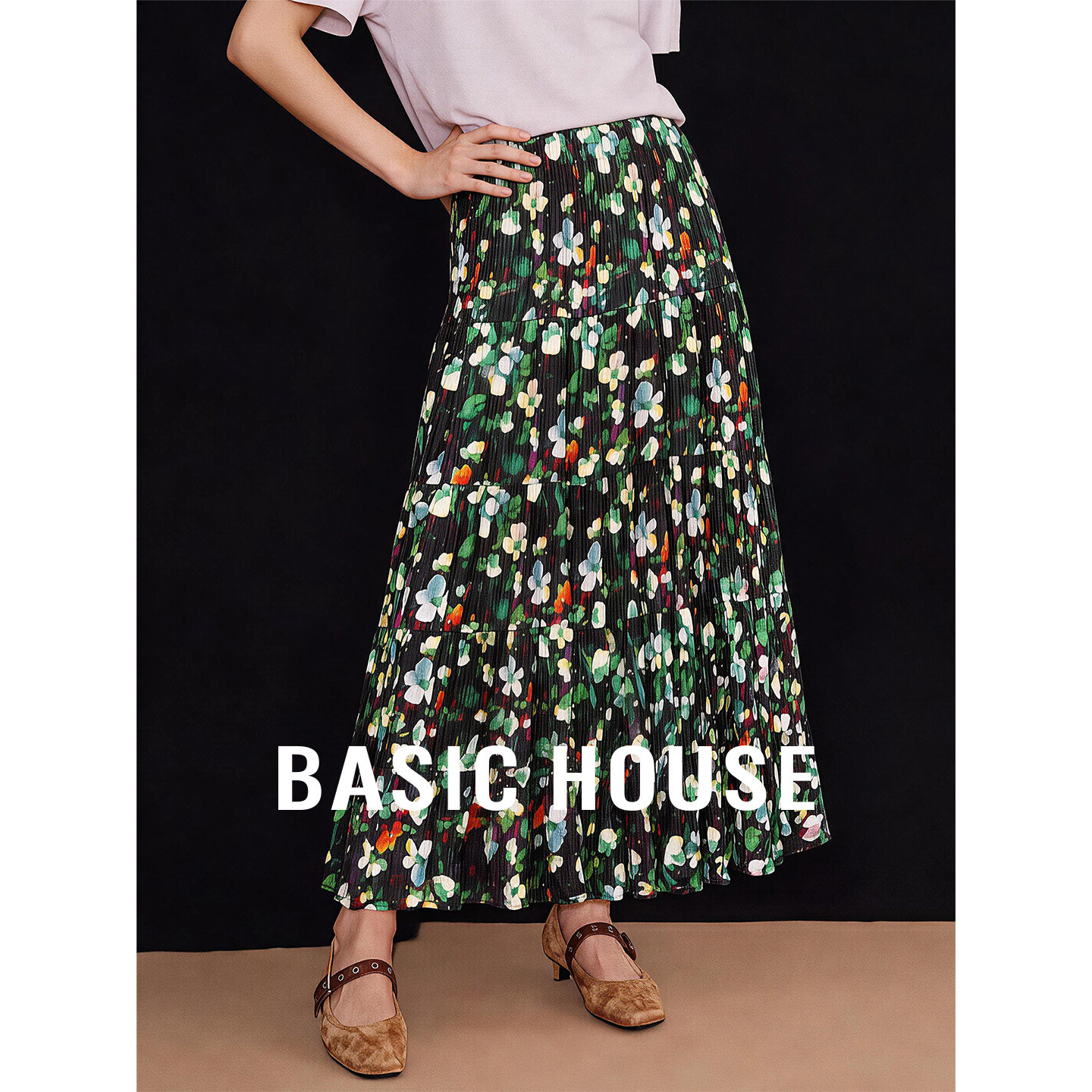 Basic House/百家好复古碎花半身裙女高腰A字裙中长款气质百褶裙