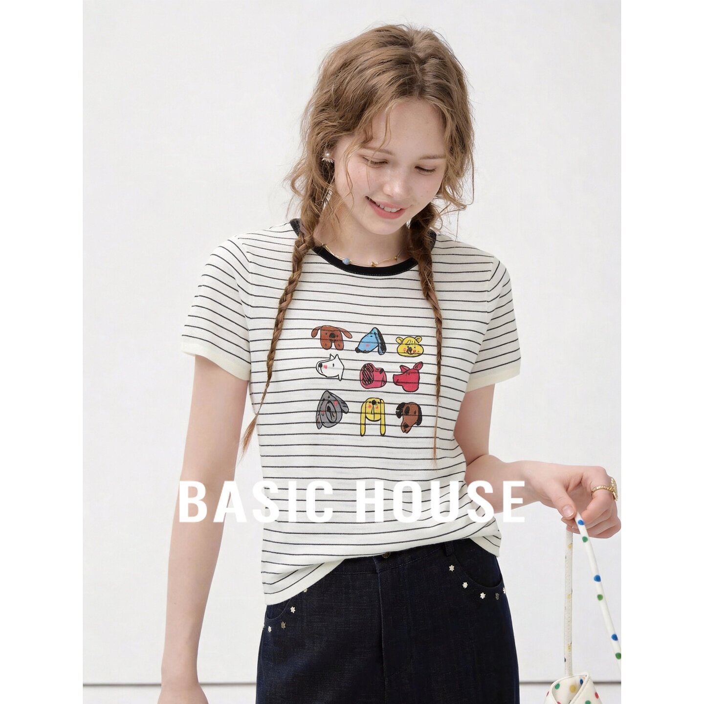 Basic House/百家好卡通印花条纹圆领短袖针织衫女夏撞色条纹上衣