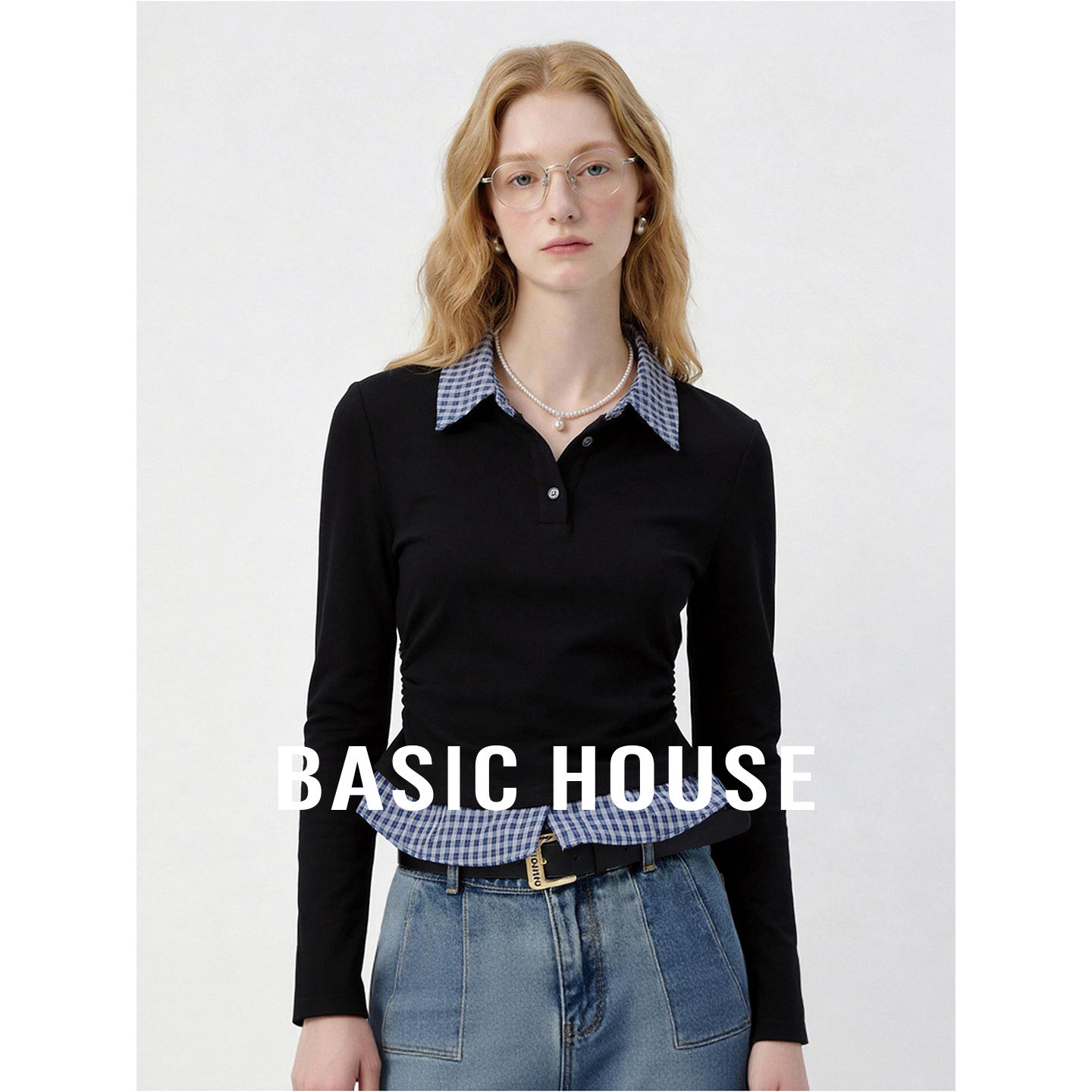 Basic House/百家好撞色拼接polo长袖T恤女秋季新款设计百搭上衣