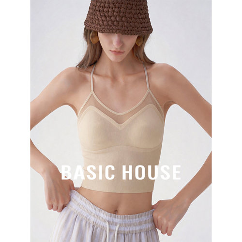 Basic House/百家好春季新款纯色V领带胸垫内搭上衣网纱吊带背心