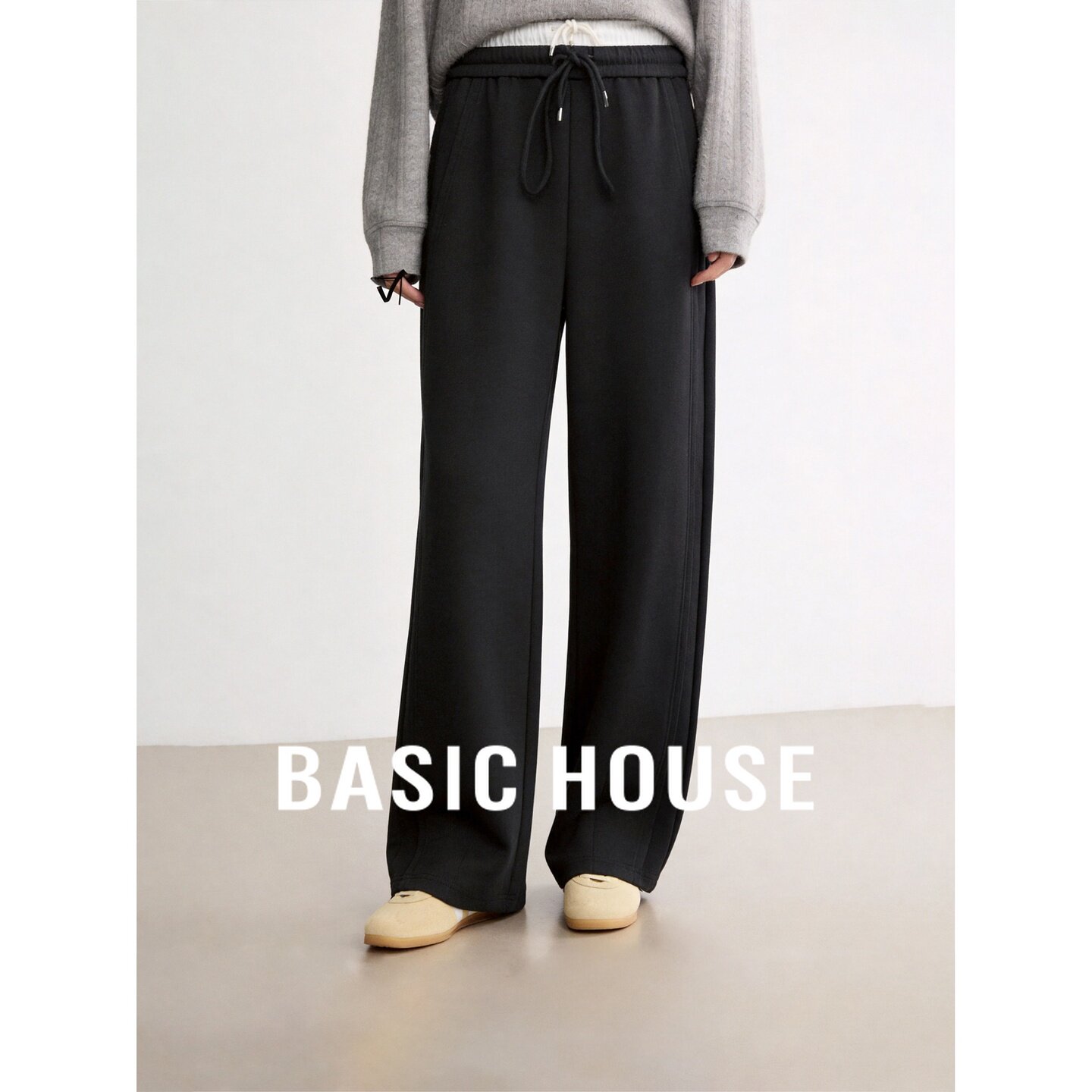 Basic House/百家好2026秋季黑色抽绳宽松垂感直筒阔腿通勤休闲裤
