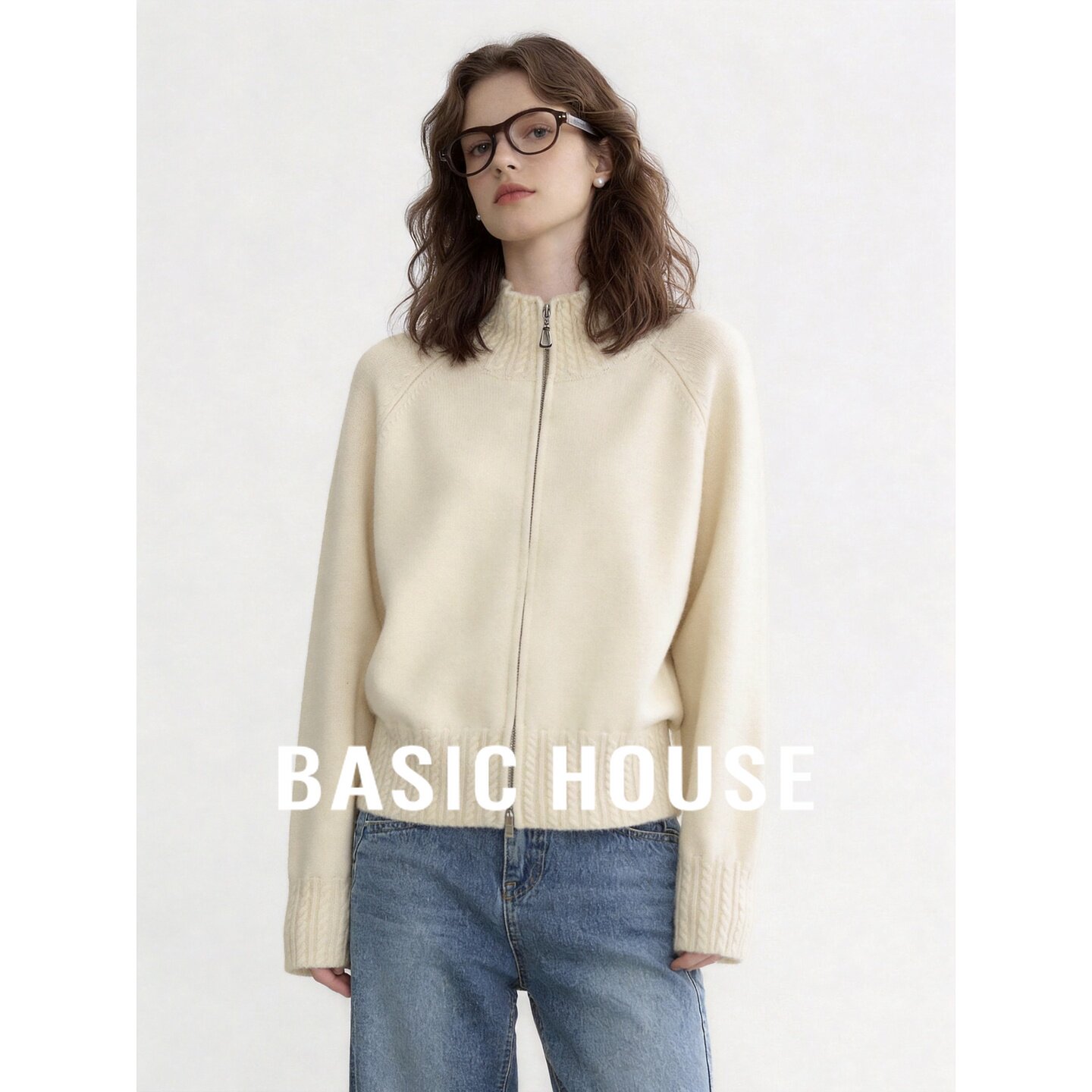 Basic House/百家好慵懒风半高领拉链针织开衫女米色百搭毛衣外套