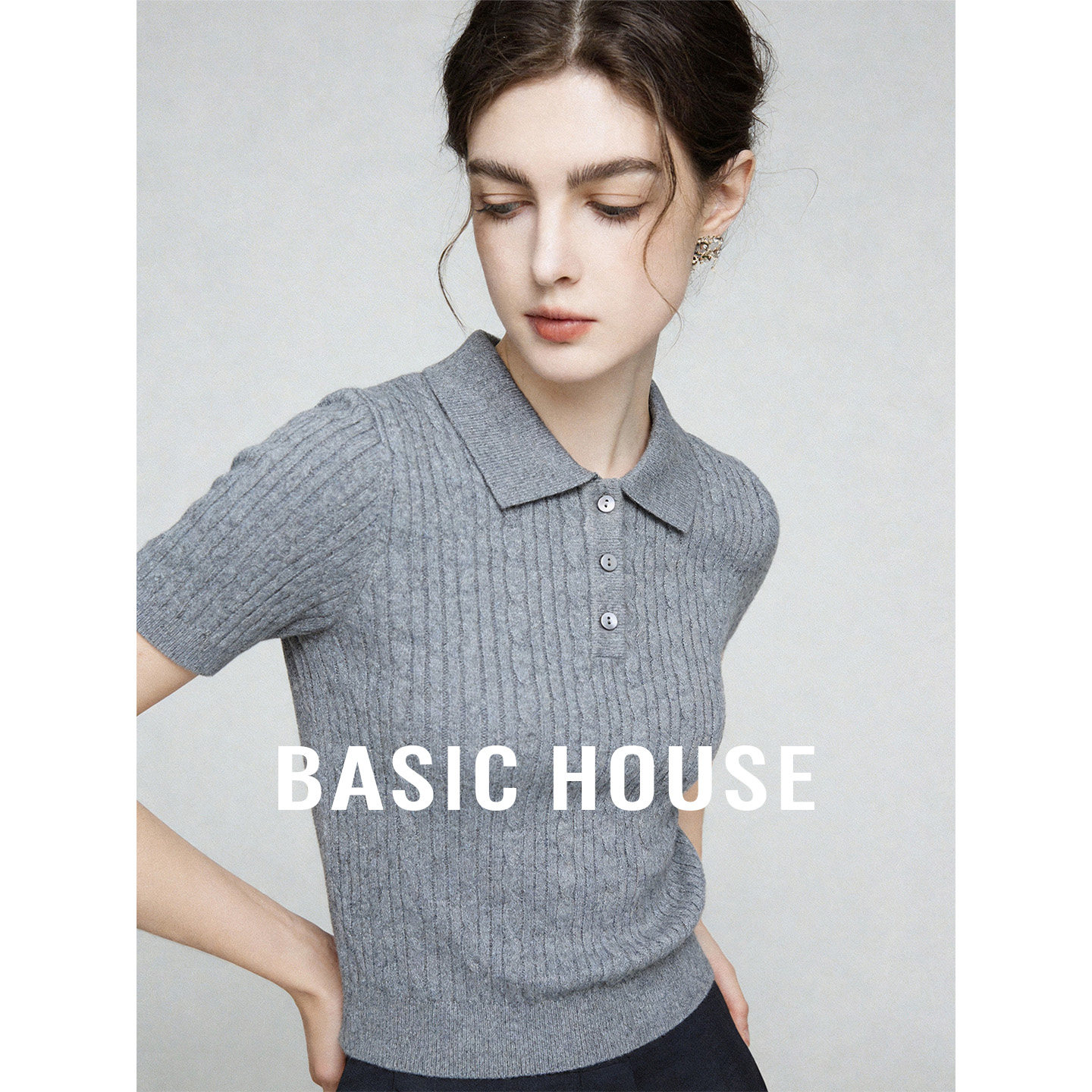 Basic House/百家好春夏新款气质纯色绞花短袖针织衫polo领短上衣