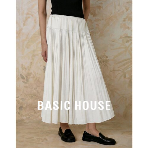 Basic House/百家好极简风白色百褶半身裙女高腰A字裙垂感中长裙