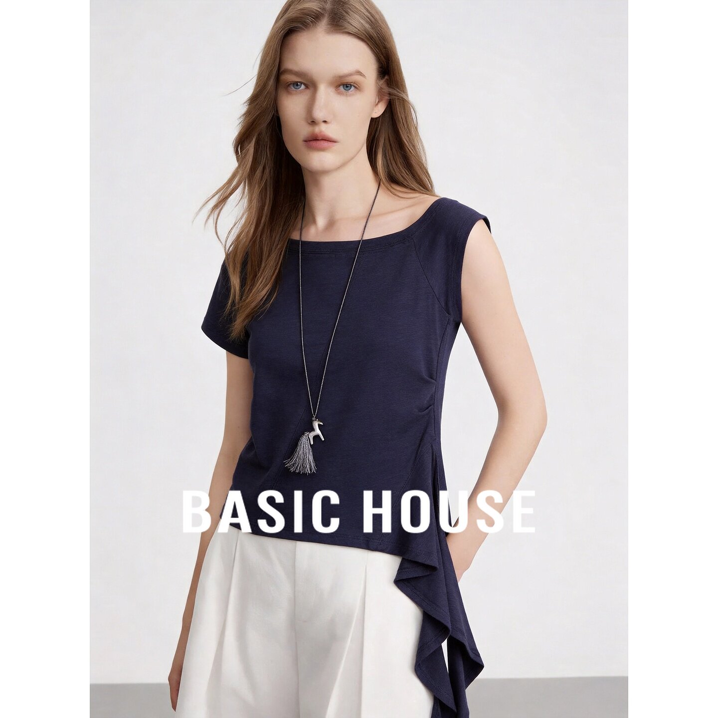 Basic House/百家好莫代尔侧边飘带短袖T恤不规则设计感藏青短袖