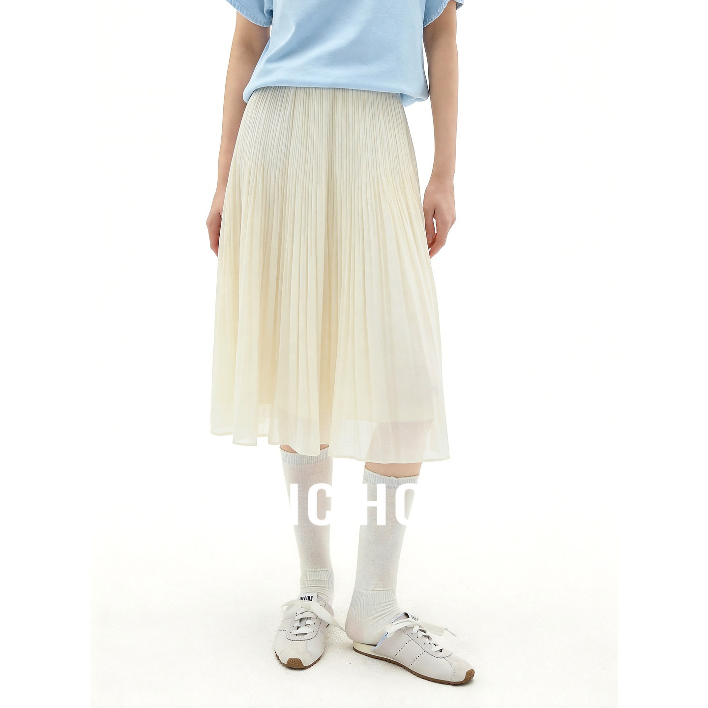Basic House/百家好简约米色百褶半身裙女中长款A字裙温柔仙女裙
