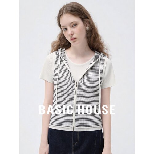 Basic House/百家好2026夏季新款连帽假两件条纹针织衫女百搭上衣