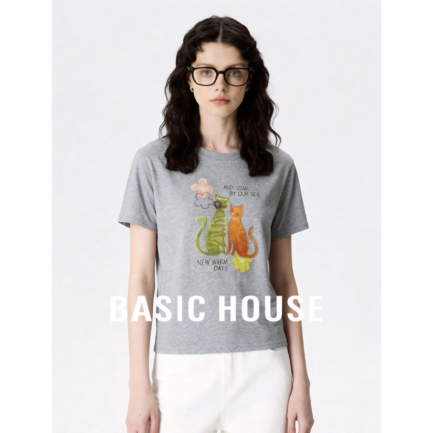Basic House/百家好灰色卡通小猫印花短袖宽松显瘦百搭T恤夏季女