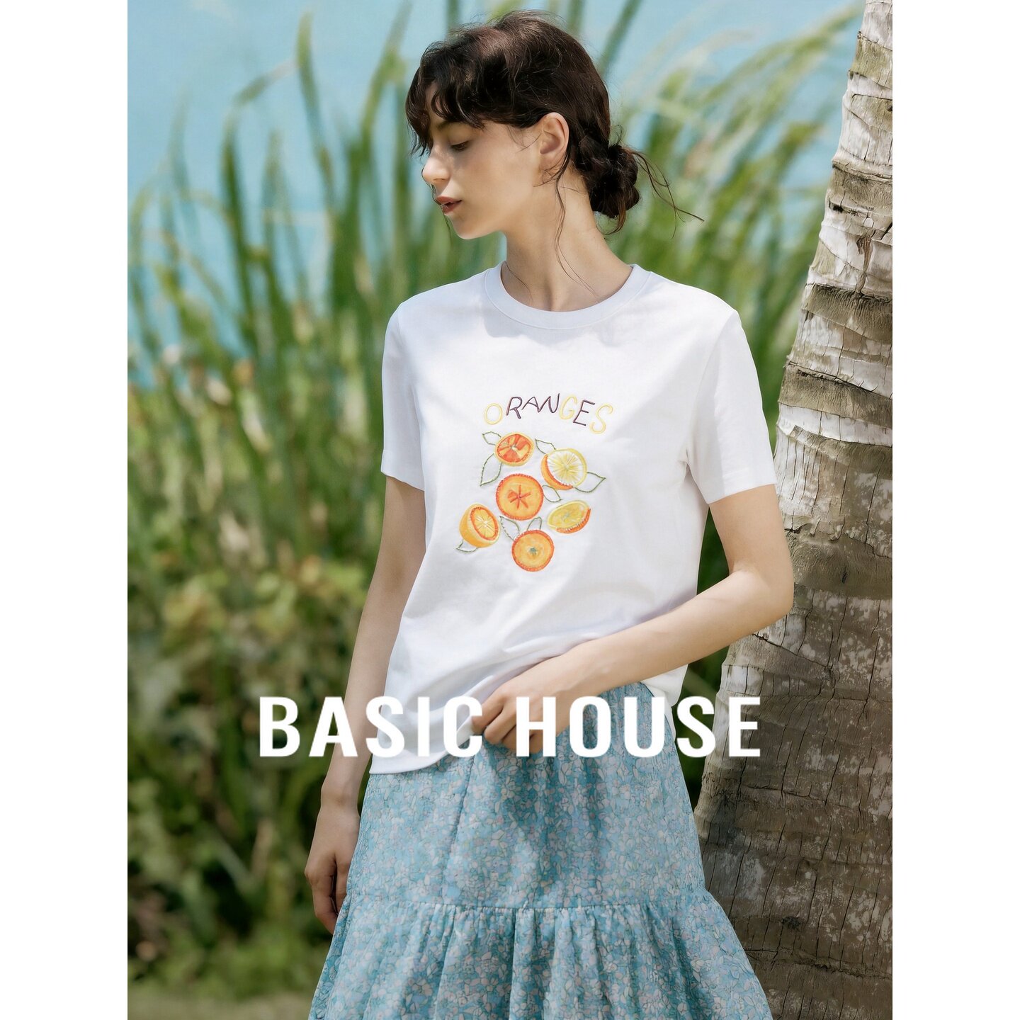 Basic House/百家好白色水果印花短袖T恤女夏季宽松显瘦百搭上衣