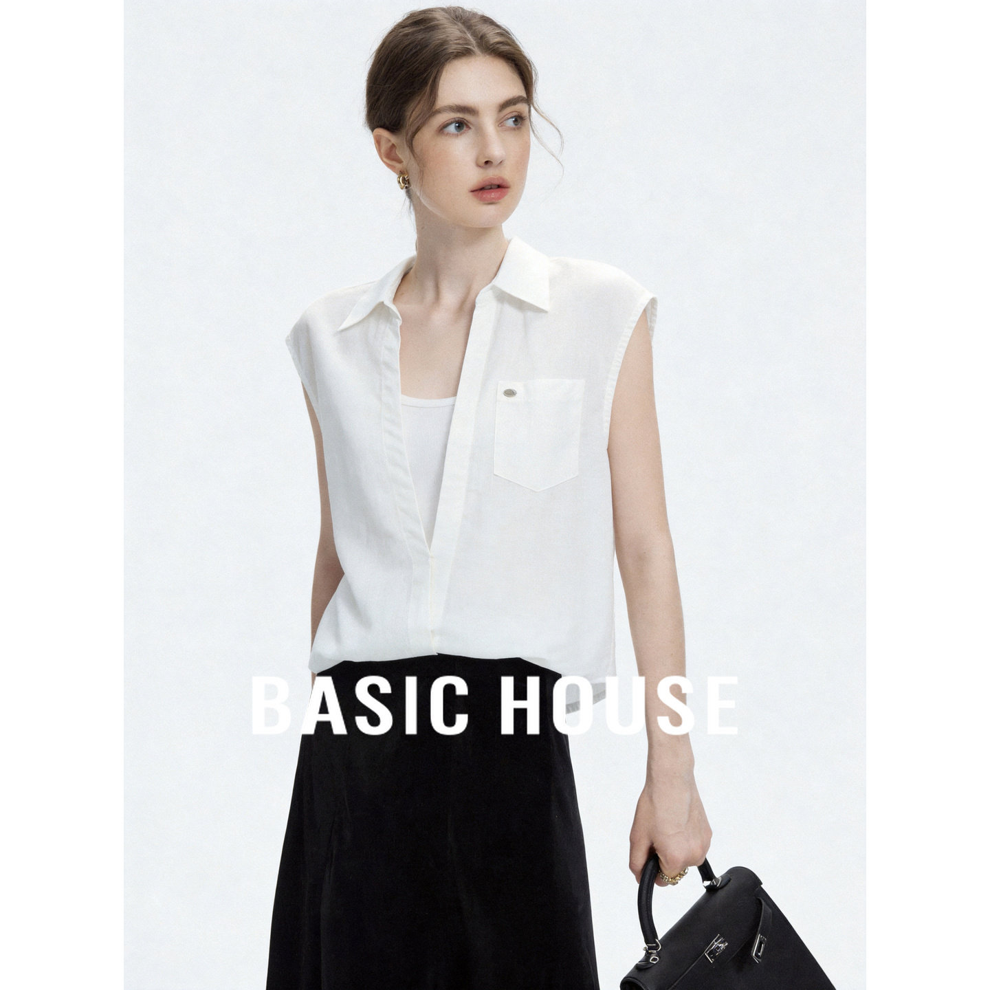 Basic House/百家好简约无袖衬衫女夏季白色翻领宽松上衣时尚小衫