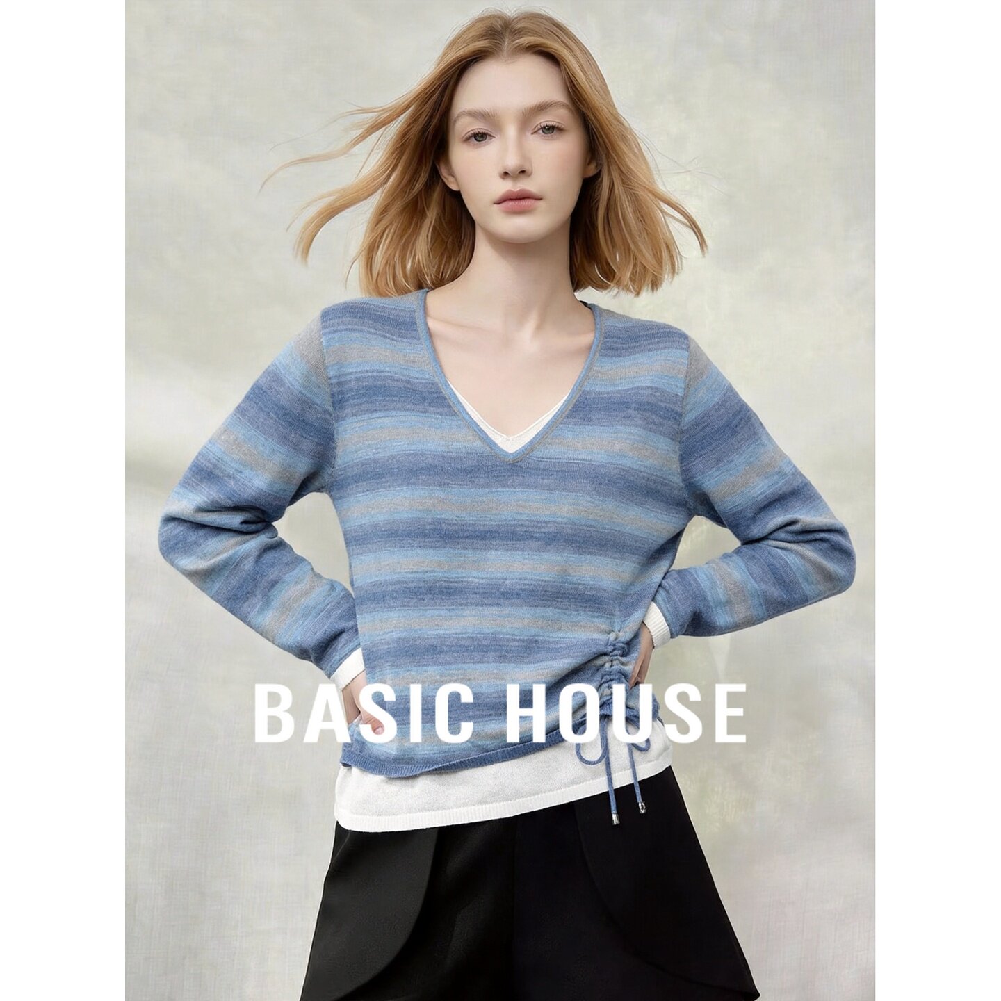 Basic House/百家好2026秋蓝色条纹V领假两件抽绳新款日常针织衫
