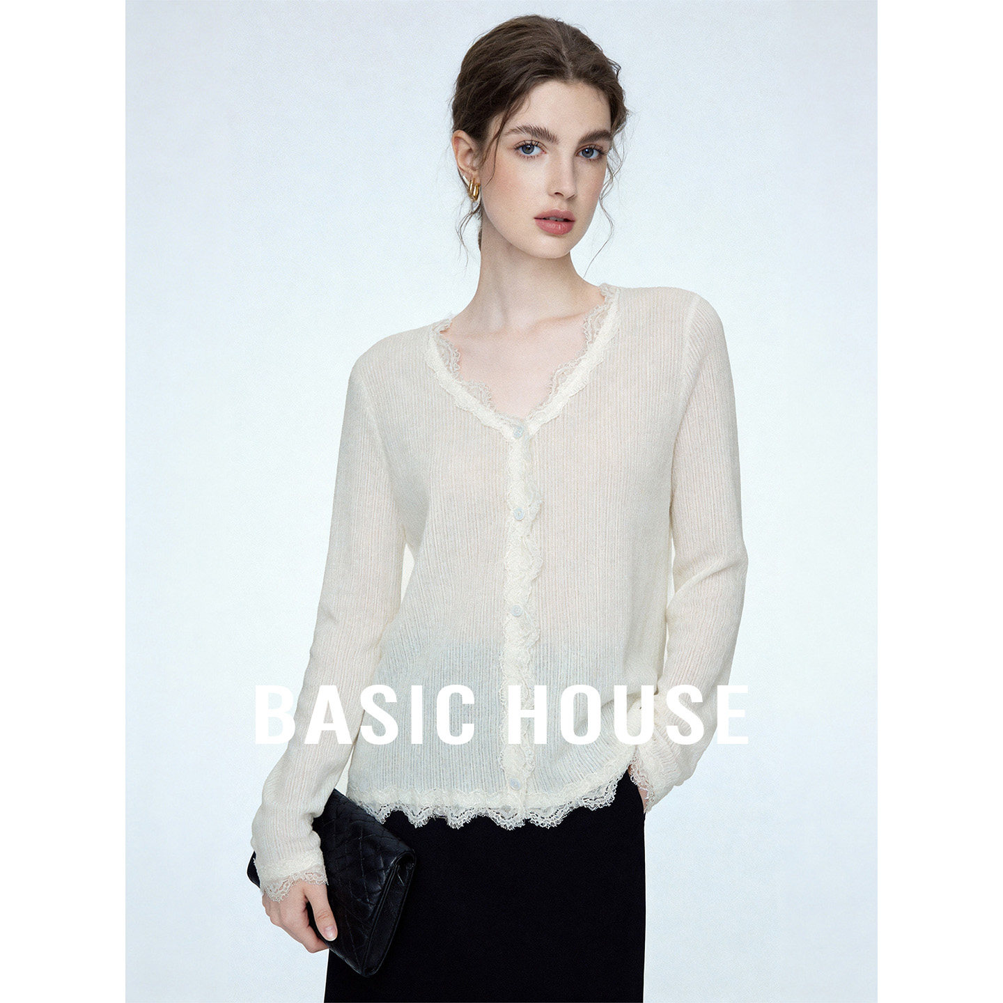 Basic House/百家好白色V领气质高级感针织开衫女26秋季外搭毛衫