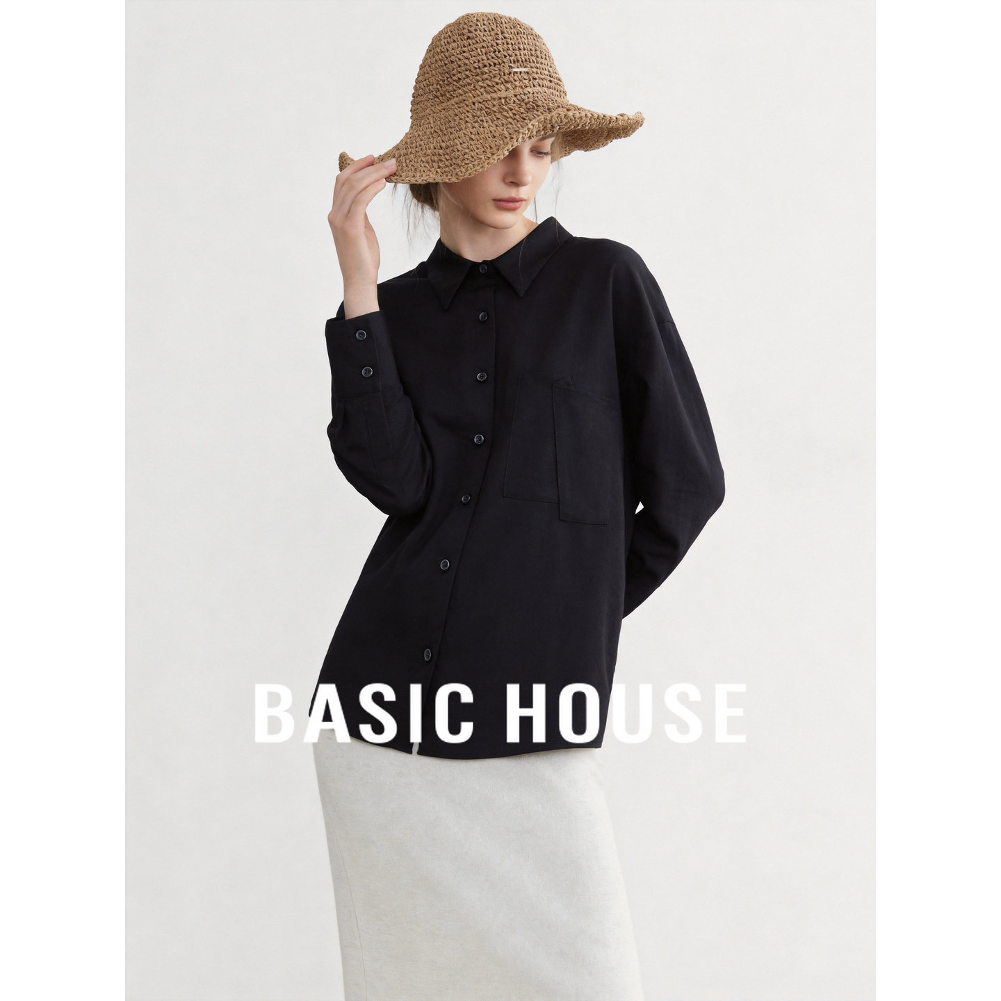 Basic House/百家好高级感黑色宽松翻领长袖衬衫女百搭通勤衬衣