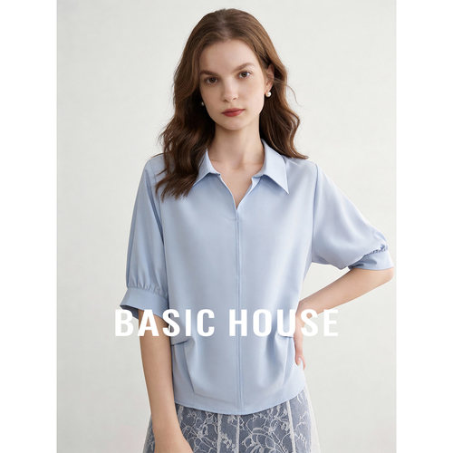 Basic House/百家好蓝色泡泡袖短袖衬衫女夏2026新款气质衬衣上衣