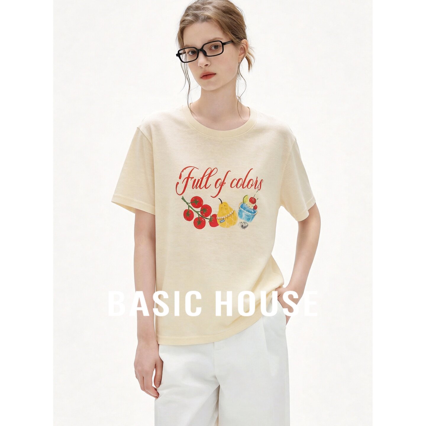 Basic House/百家好减龄休闲风水果印花短袖T恤女夏宽松黄色上衣