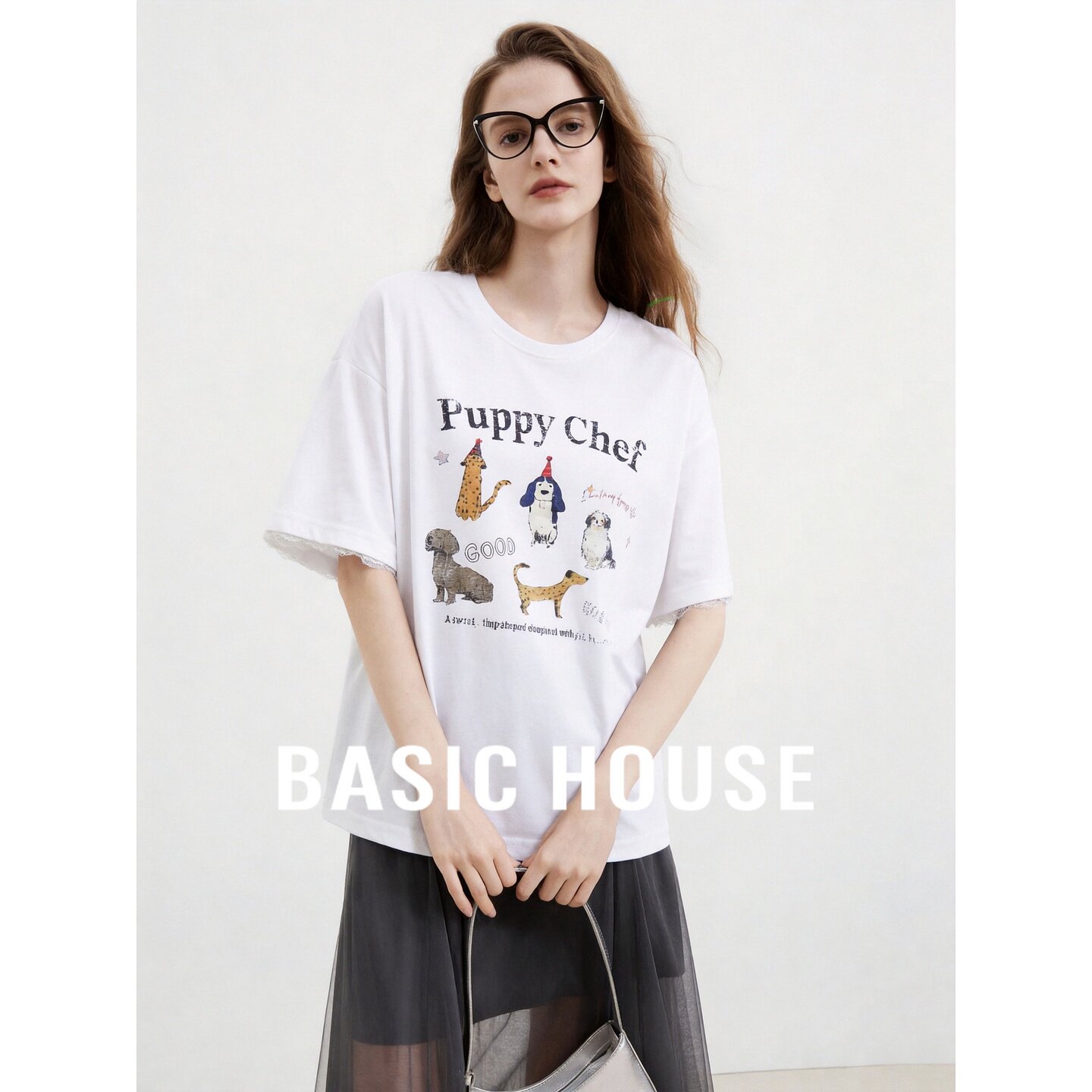 Basic House/百家好卡通小狗印花短袖T恤女白色圆领减龄宽松上衣