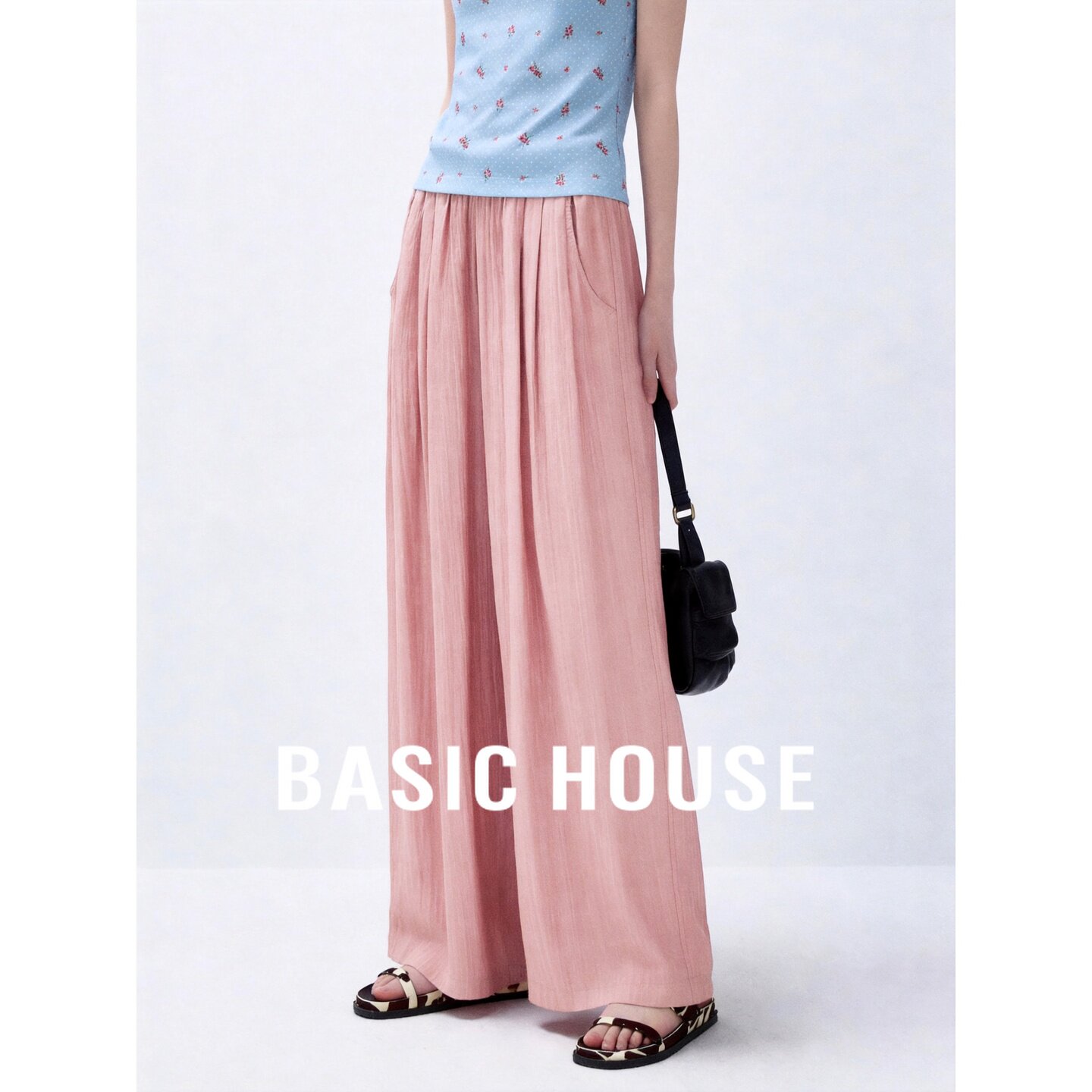 Basic House/百家好高腰粉色阔腿裤女夏季垂感显瘦休闲慵懒风长裤