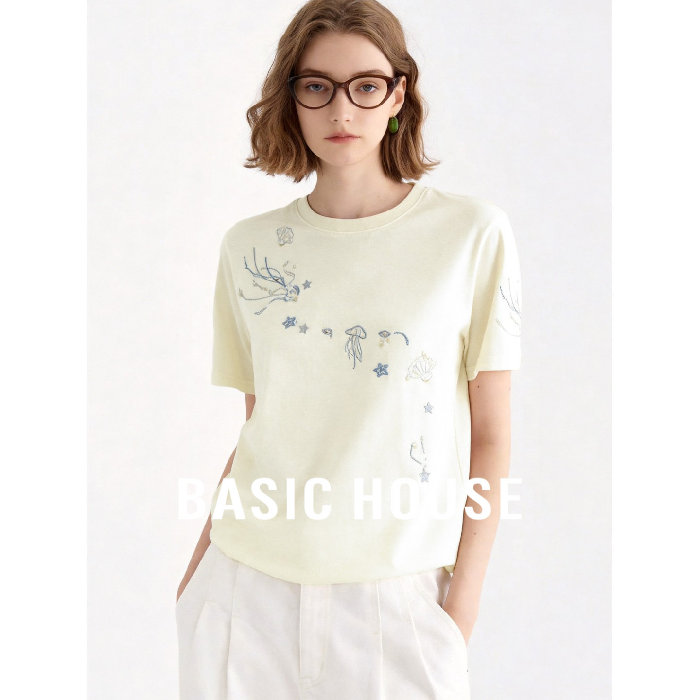Basic House/百家好宽松短袖T恤女夏立体珍珠装饰百搭上衣松弛感