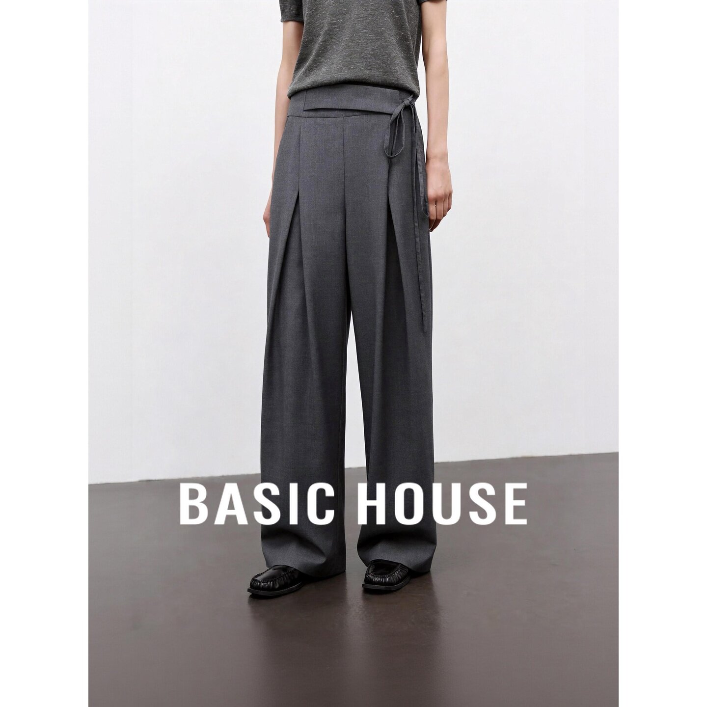 Basic House/百家好通勤风阔腿裤女高腰系带西装裤垂坠感直筒裤