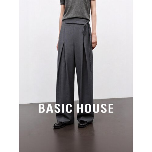 Basic House/百家好通勤风阔腿裤女高腰系带西装裤垂坠感直筒裤