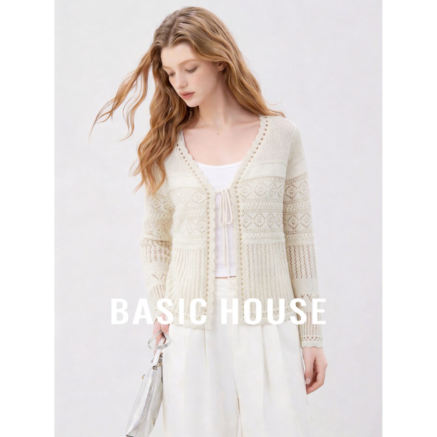 Basic House/百家好温柔风白色V领镂空针织开衫女系带百搭上衣