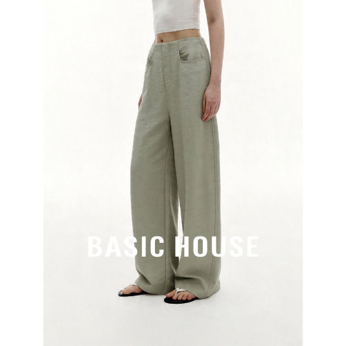 Basic House/百家好极简干爽亚麻纯色高腰镰刀裤女弧形轻薄休闲裤