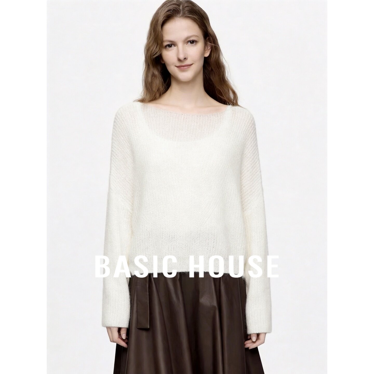 Basic House/百家好马海毛桑蚕丝白色圆领宽松套头简约长袖针织衫