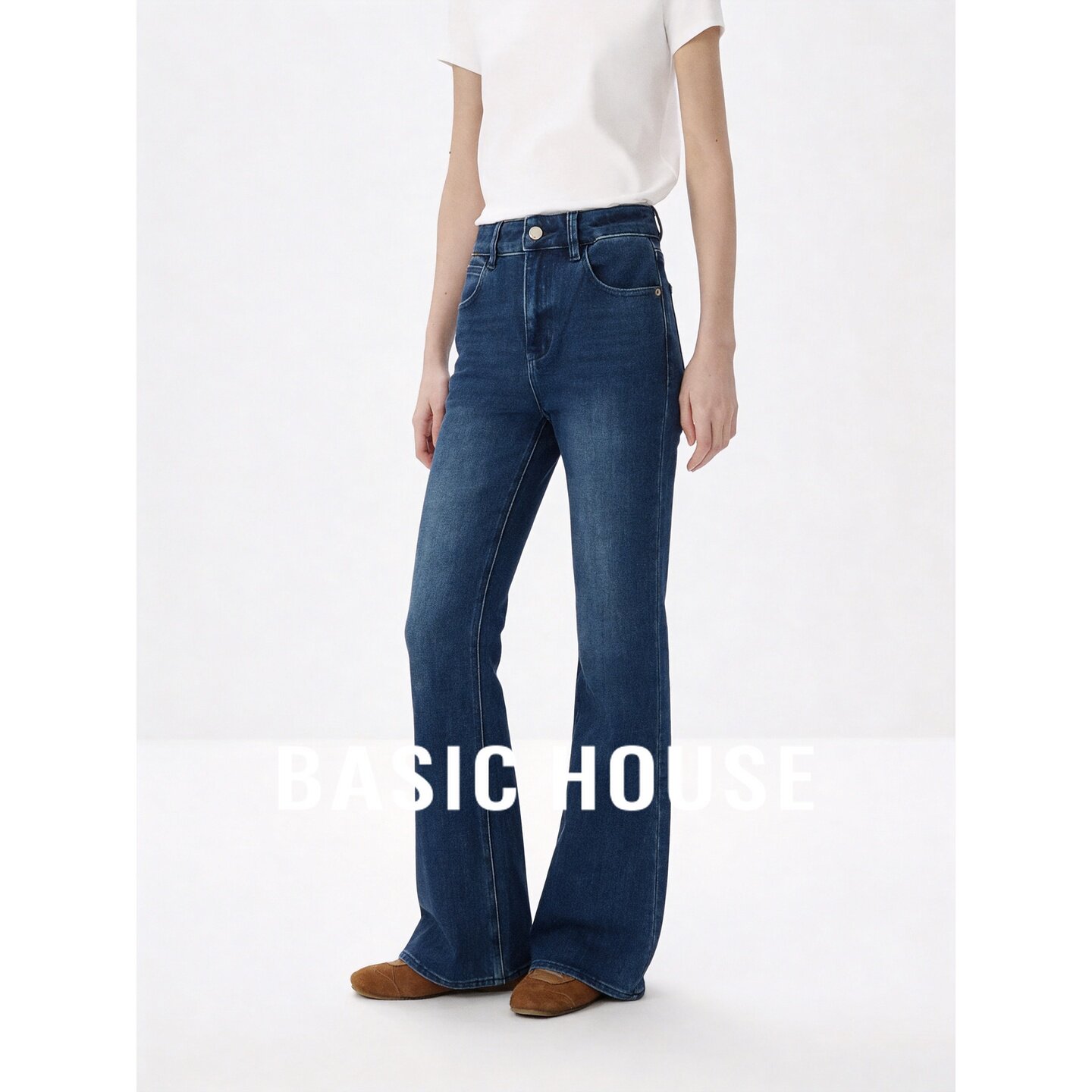 Basic House/百家好高腰微喇牛仔裤女秋修身显瘦小个子直筒喇叭裤