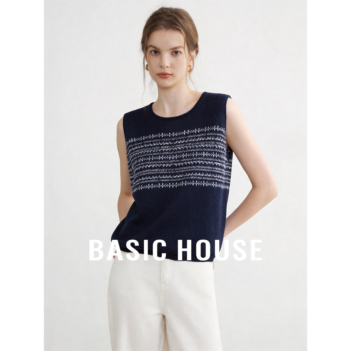 Basic House/百家好复古撞色提花无袖针织衫夏季新款短款套头马甲