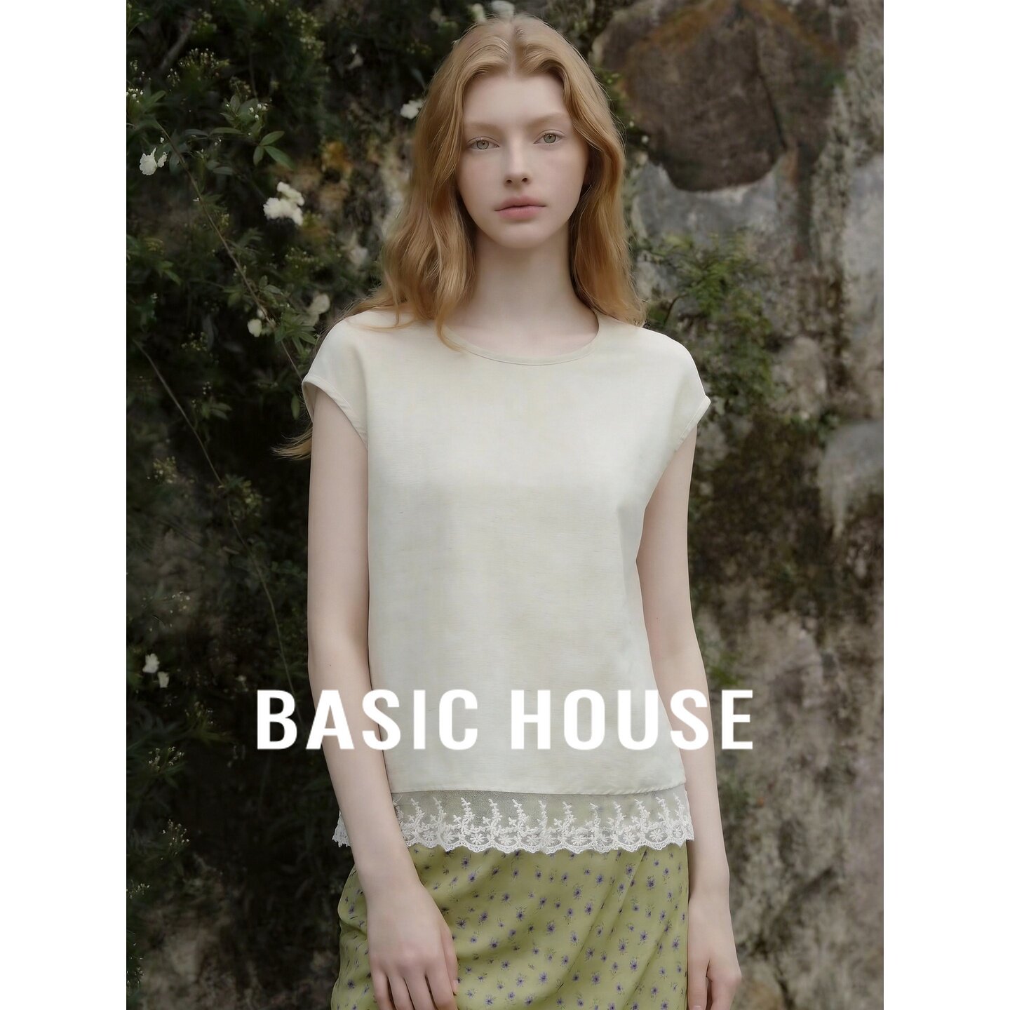 Basic House/百家好莱赛尔短袖衬衫女夏宽松蕾丝拼接下摆亚麻上衣