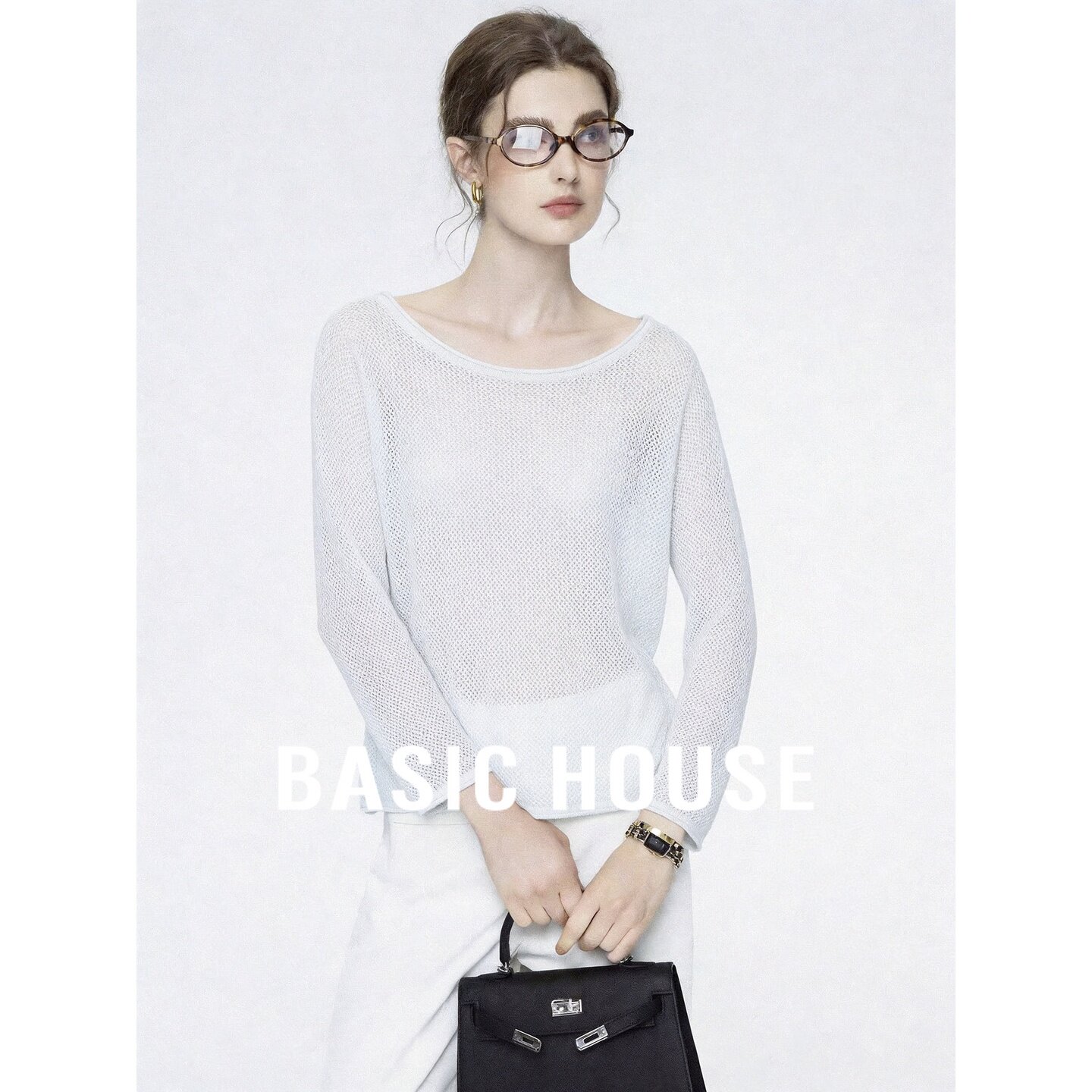 Basic House/百家好羊毛针织上衣圆领长袖宽松镂空套头女极简白色